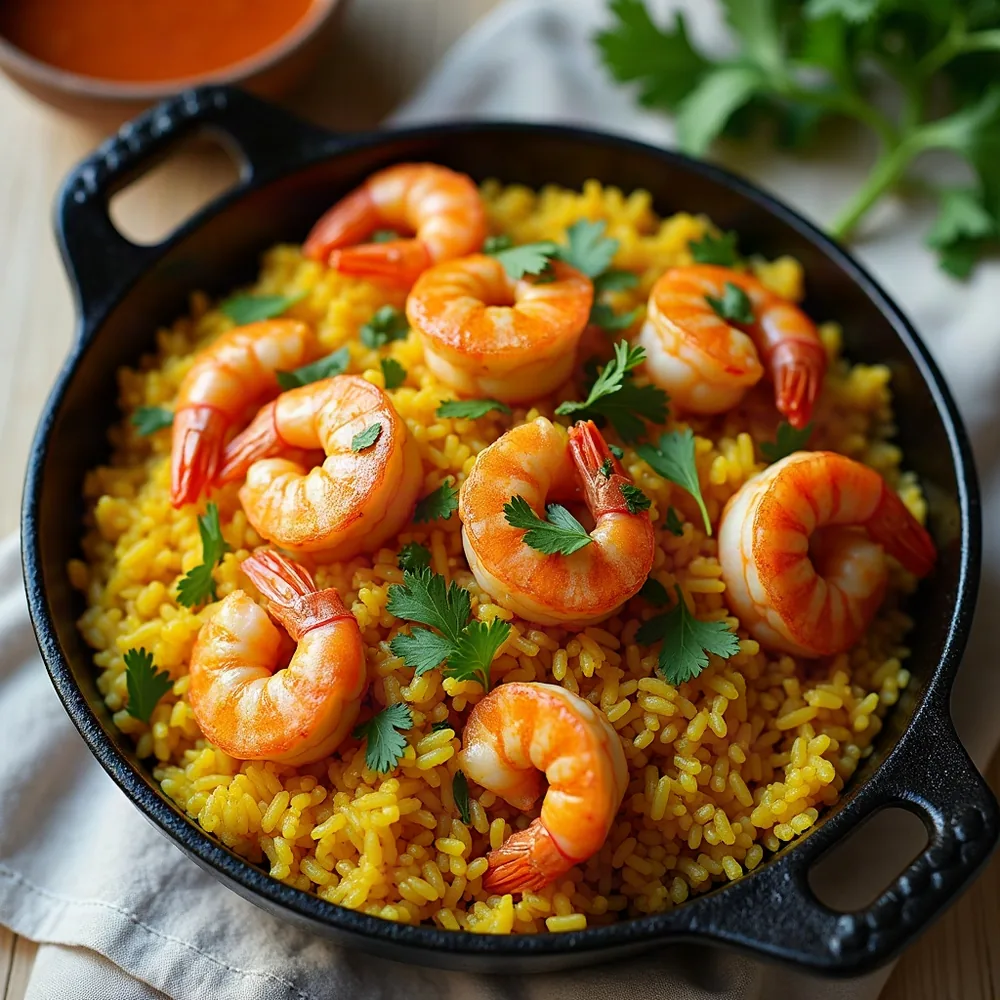 Prawn biryani with saffron rice and fresh coriander