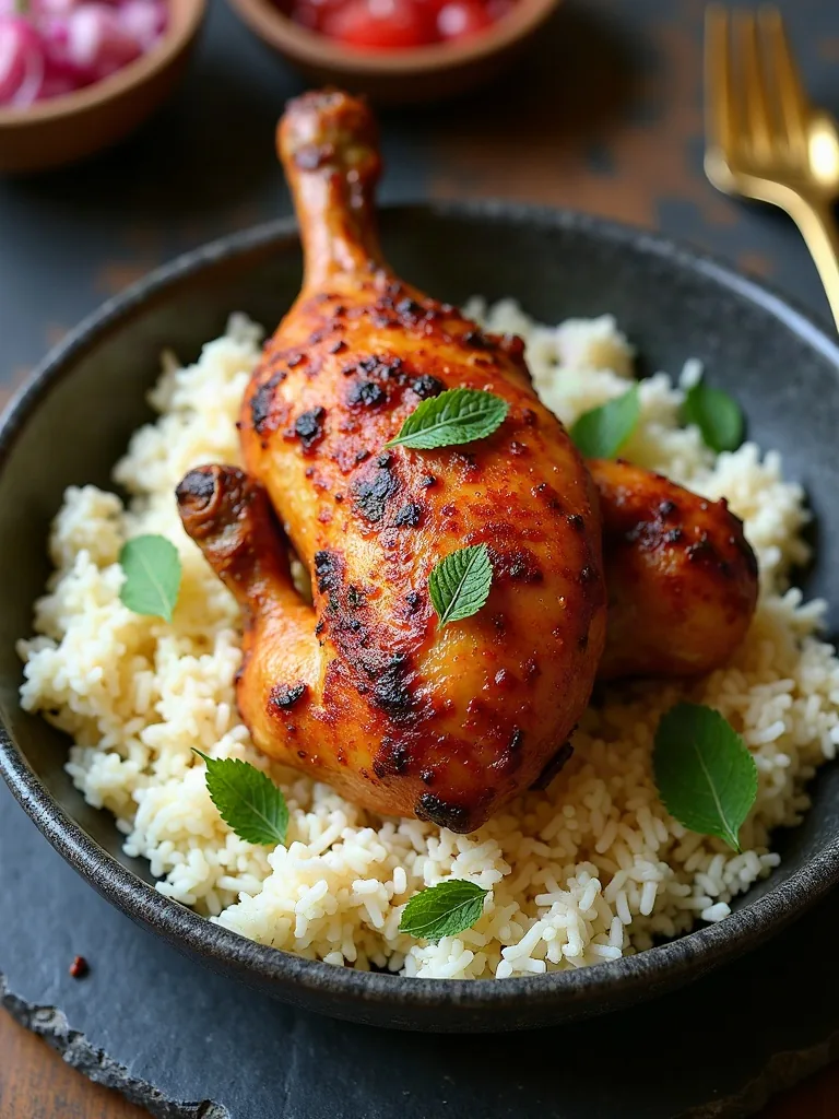 Tandoori chicken plated with basmati rice, mint and pickled onion