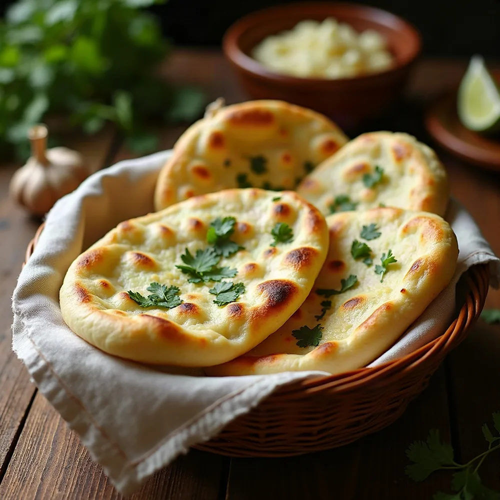 Garlic naan, brushed with butter and coriander.