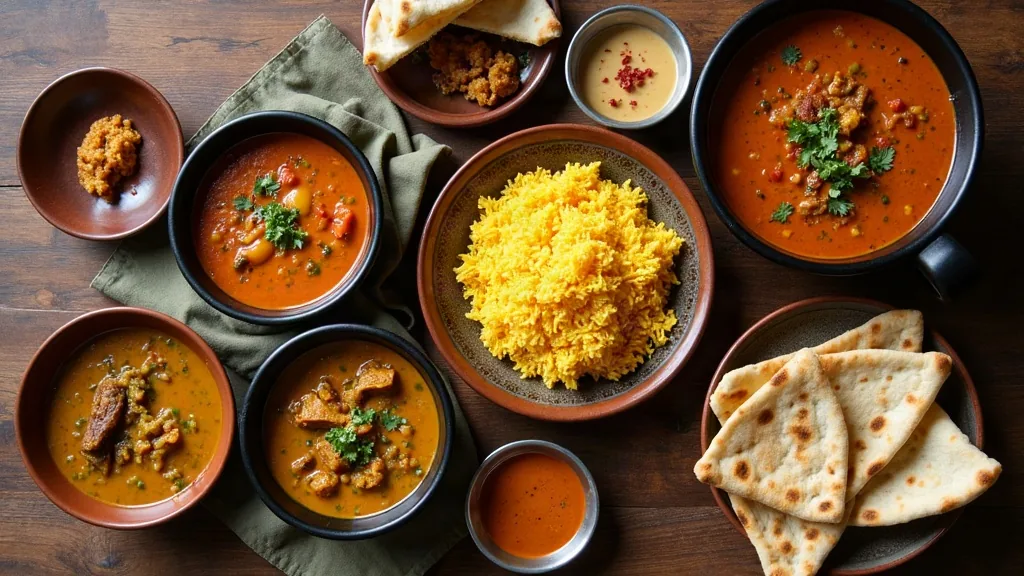 A full family table of curries and breads