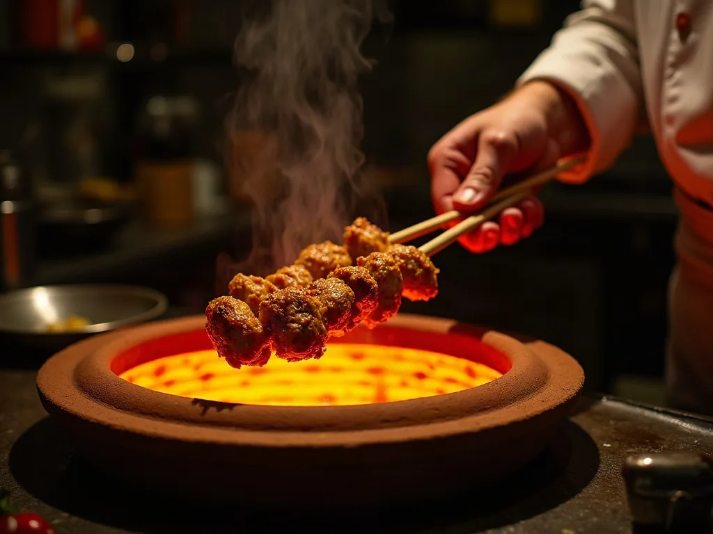 Skewers going into the tandoor